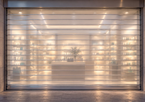 See-through polycarbonate rolling shutter for showroom entrance